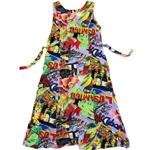 Vintage Jams World Hawaiian Tropical Print Cafe Cubano Pop Art Tie Back Dress M